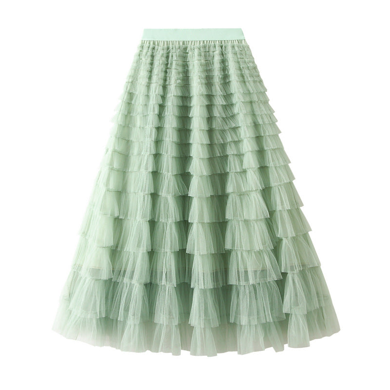 A-Line Mesh Ruffle Skirt Women's Temperament Sweet Long Skirt Slim Cupcake Dress Womens Clothing - KaleaBoutique.com
