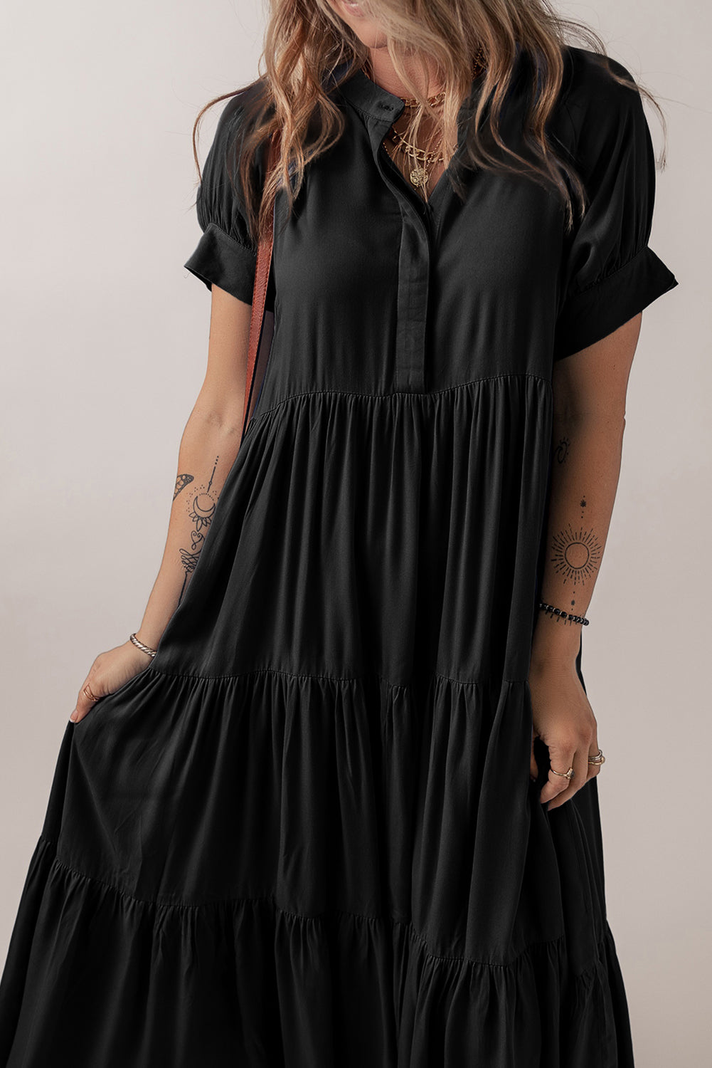 KaleaBoutique Comfortable Hidden Buttons Short Sleeve Ruffle Tiered Long Flared Dress - KaleaBoutique.com