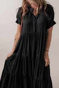 KaleaBoutique Comfortable Hidden Buttons Short Sleeve Ruffle Tiered Long Flared Dress - KaleaBoutique.com