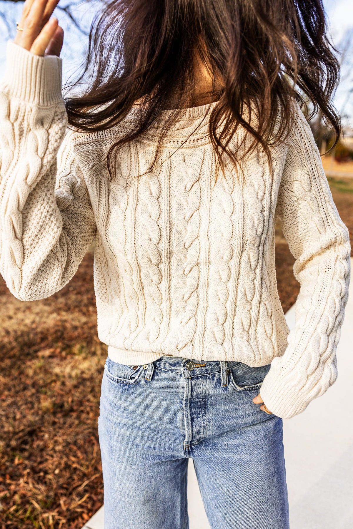 Drop Shoulder Round Neck Cable Knit Sweater - KaleaBoutique.com
