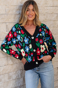 KaleaBoutique Stylish Floral Print V Neck Buttoned Short Cardigan Sweater - KaleaBoutique.com