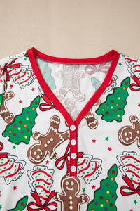 KaleaBoutique Stylish Christmas Pattern Button V Neck Pullover Drawstring Pants 2pcs Lounge Set - KaleaBoutique.com