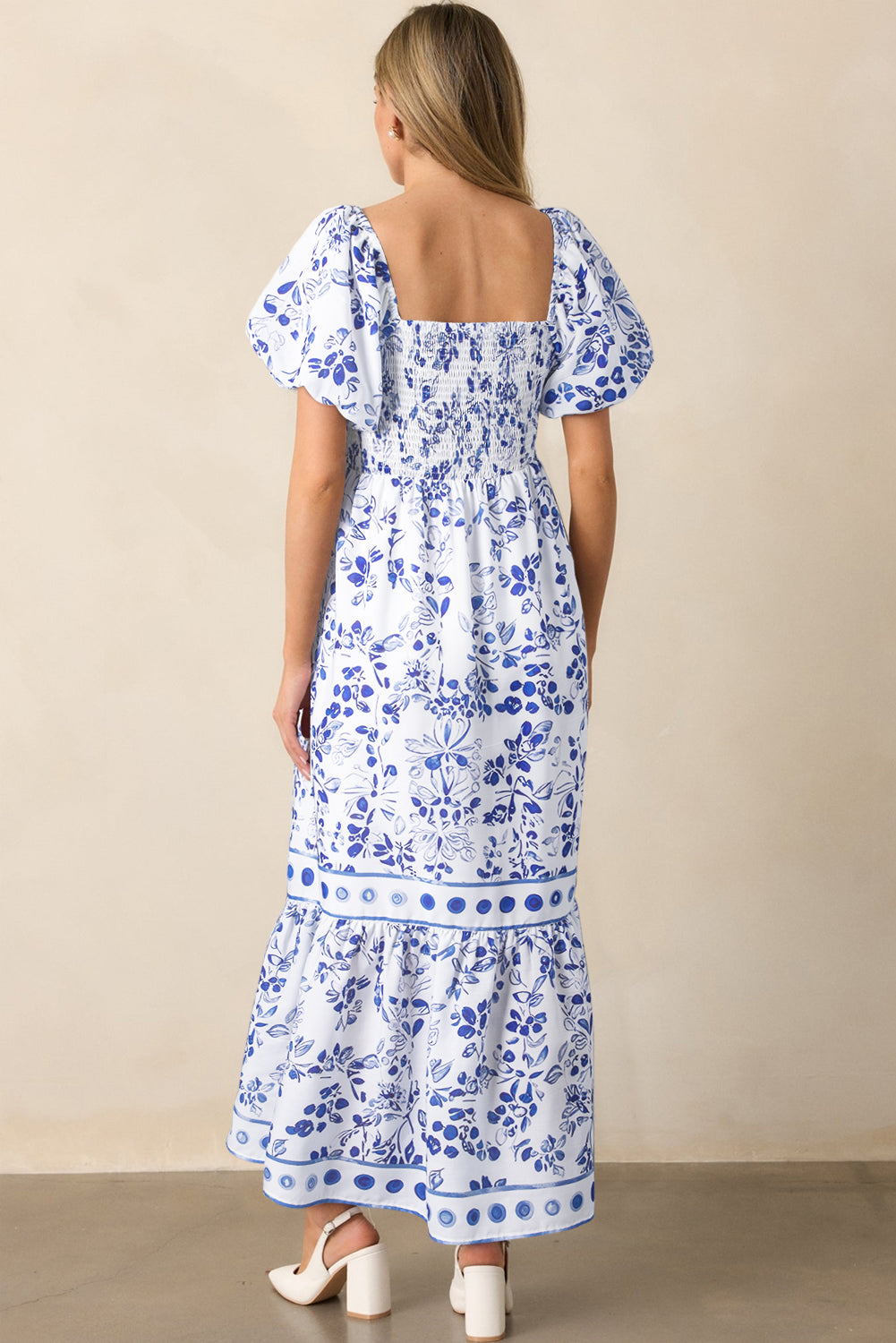 KaleaBoutique Stylish Floral Print Square Neck Bubble Sleeve High Waist Maxi Dress - KaleaBoutique.com