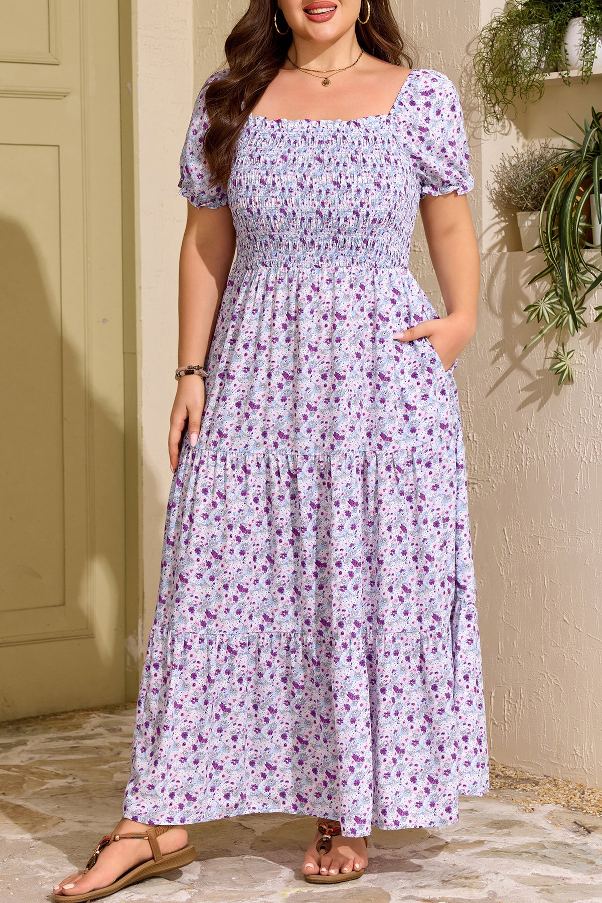 Purple Plus Size Floral Square-Neck Smocked Maxi Dress - KaleaBoutique.com