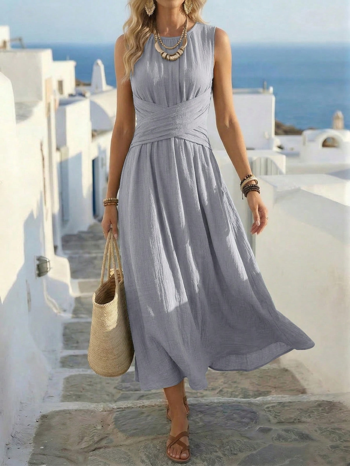 Women's Sleeveless Round-Neck Crossover-Waist Maxi Dress - KaleaBoutique.com