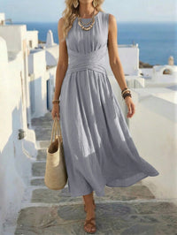 Women's Sleeveless Round-Neck Crossover-Waist Maxi Dress - KaleaBoutique.com