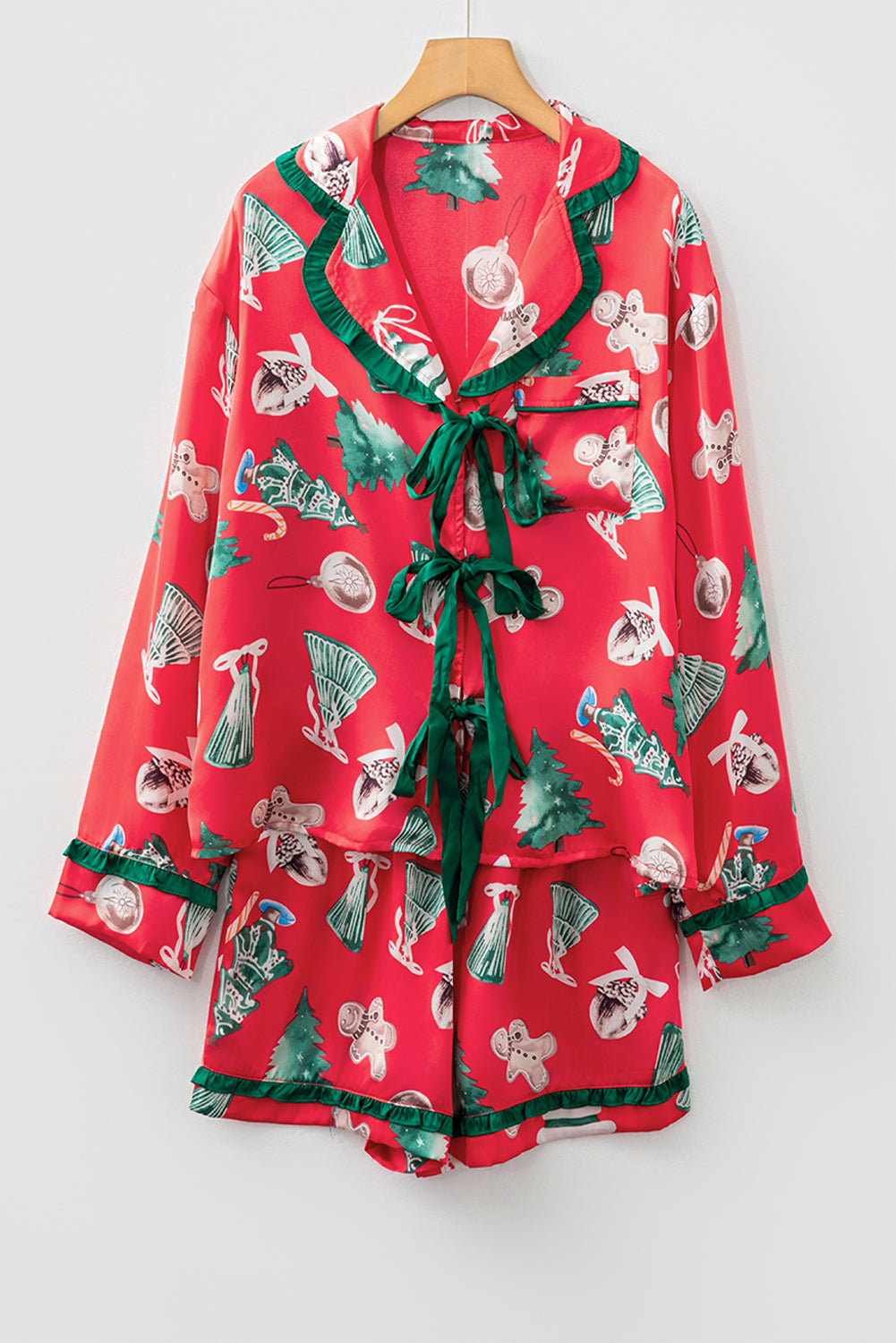 KaleaBoutique Comfortable Christmas Fashion Print Contrast Ruffle Trim Ribbon Bow Knot 2pcs Pajama Set - KaleaBoutique.com