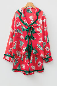 KaleaBoutique Comfortable Christmas Fashion Print Contrast Ruffle Trim Ribbon Bow Knot 2pcs Pajama Set - KaleaBoutique.com