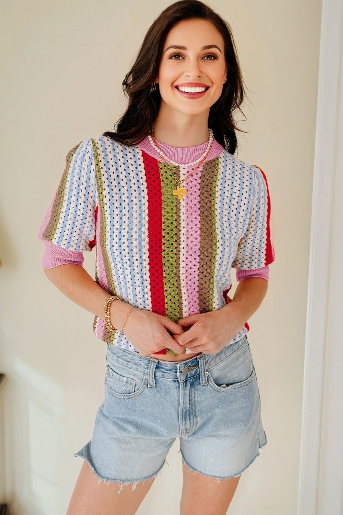 KaleaBoutique Stylish Striped Pointelle Knit Short Sleeve Sweater - KaleaBoutique.com