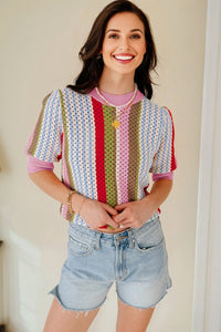 KaleaBoutique Stylish Striped Pointelle Knit Short Sleeve Sweater - KaleaBoutique.com