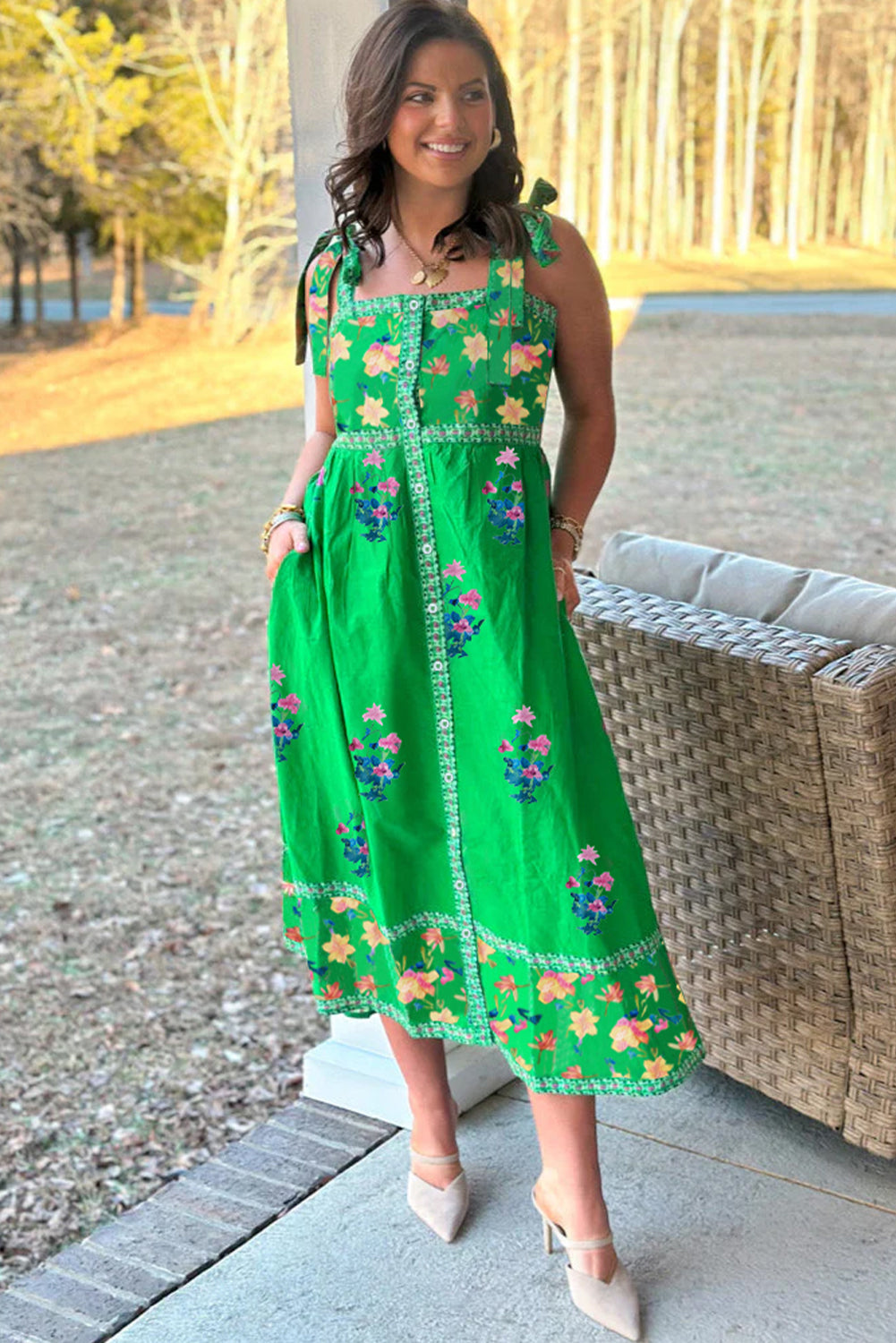 KaleaBoutique Beautiful Floral Print Contrast Trim Knotted Straps Midi Dress - KaleaBoutique.com