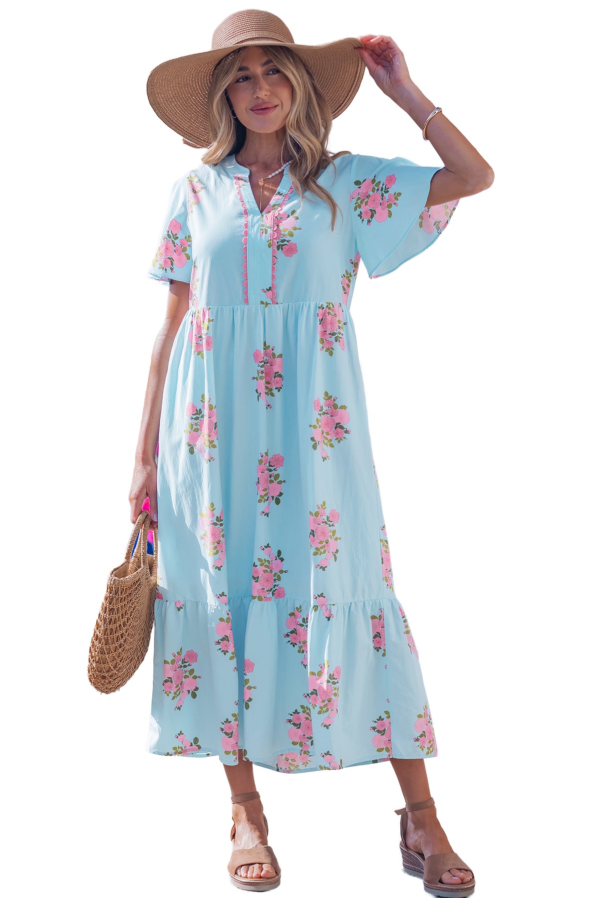 KaleaBoutique Comfortable Notched Neck Flutter Short Sleeve Floral Print Maxi Dress