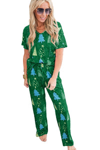 KaleaBoutique Stylish Christmas Tree Print V Neck Tee and Pants Lounge Set - KaleaBoutique.com