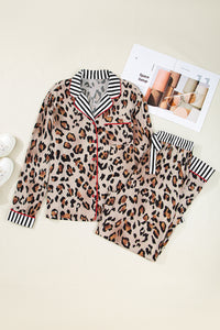 KaleaBoutique Stylish Dearlove Leopard Print Colorblock Striped Edge Shirt and Pants Pajama Set - KaleaBoutique.com