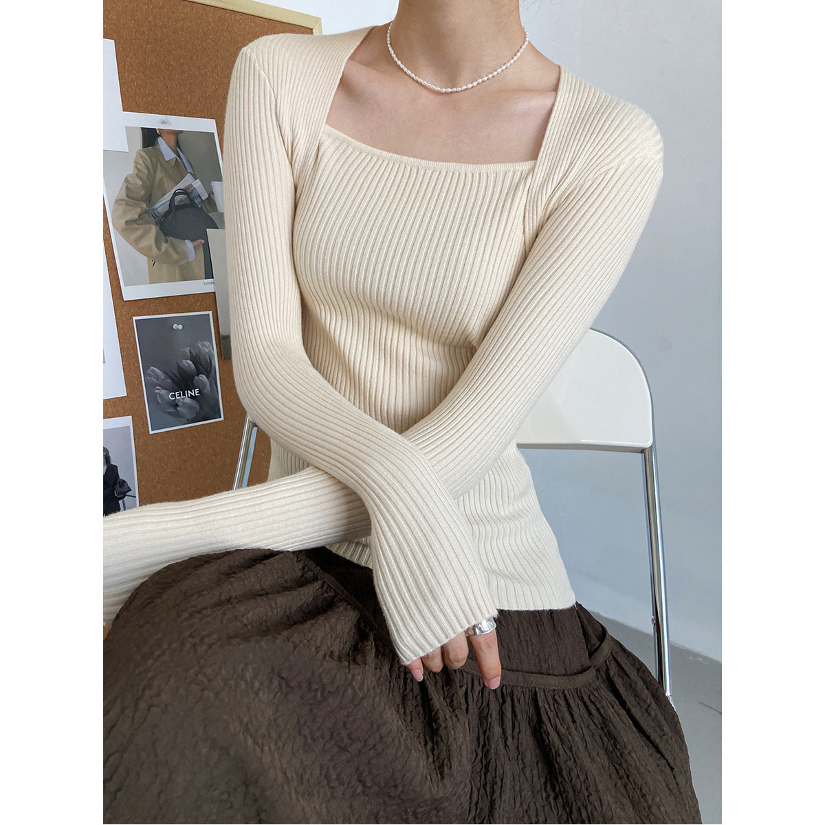 Women's Ribbed Square-Neck Long-Sleeve Pullover Top - KaleaBoutique.com