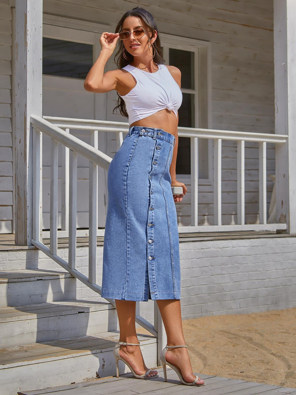 Women's High-Waist Offset-Button Denim Midi Skirt