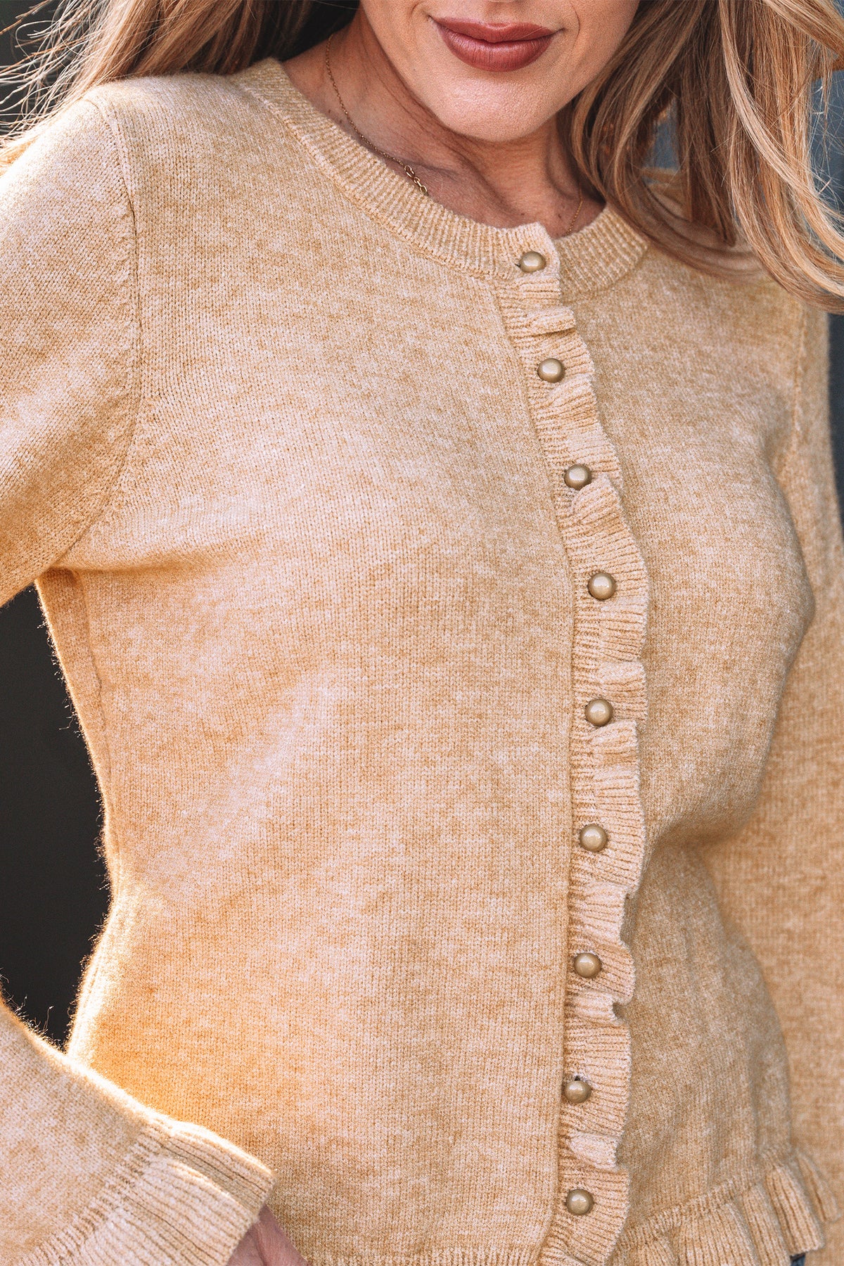 KaleaBoutique Comfortable Ruffle Trim Gold Button Sweater Cardigan - KaleaBoutique.com