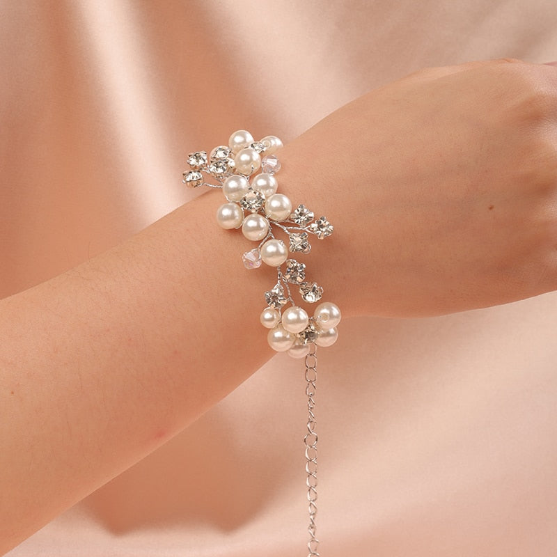 Bridal Pearl Flower Wire Bracelet, Rhinestone Floral Bracelet for Wedding or Prom, Bride or Bridesmaid Jewelry - KaleaBoutique.com