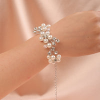 Bridal Pearl Flower Wire Bracelet, Rhinestone Floral Bracelet for Wedding or Prom, Bride or Bridesmaid Jewelry - KaleaBoutique.com