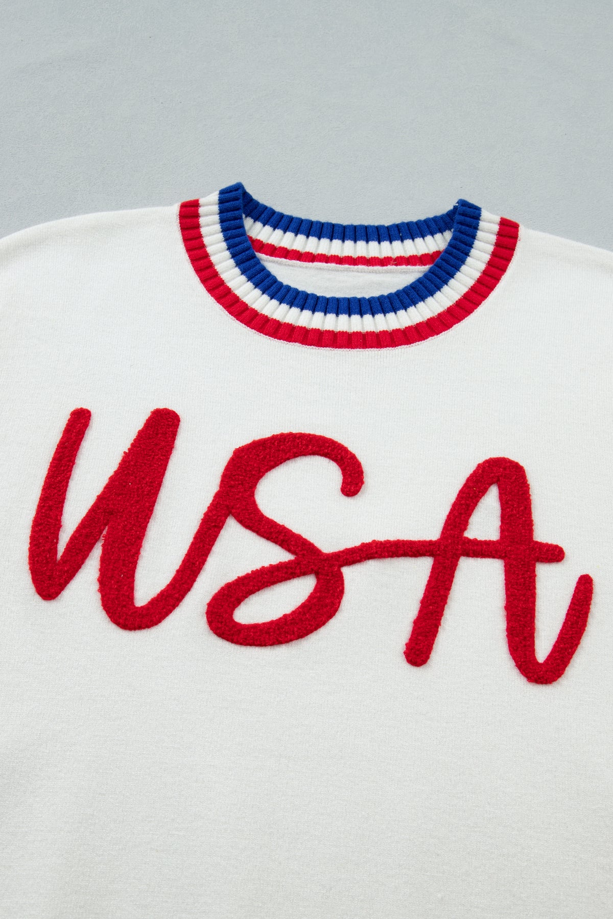 KaleaBoutique Stylish USA Contrast Striped Trim Round Neck Short Sleeve Sweater - KaleaBoutique.com