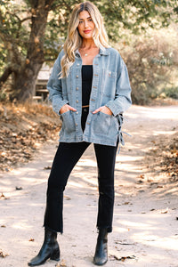 Multi Patched Pockets Side Tie up Boyfriend Style Denim Jacket - KaleaBoutique.com