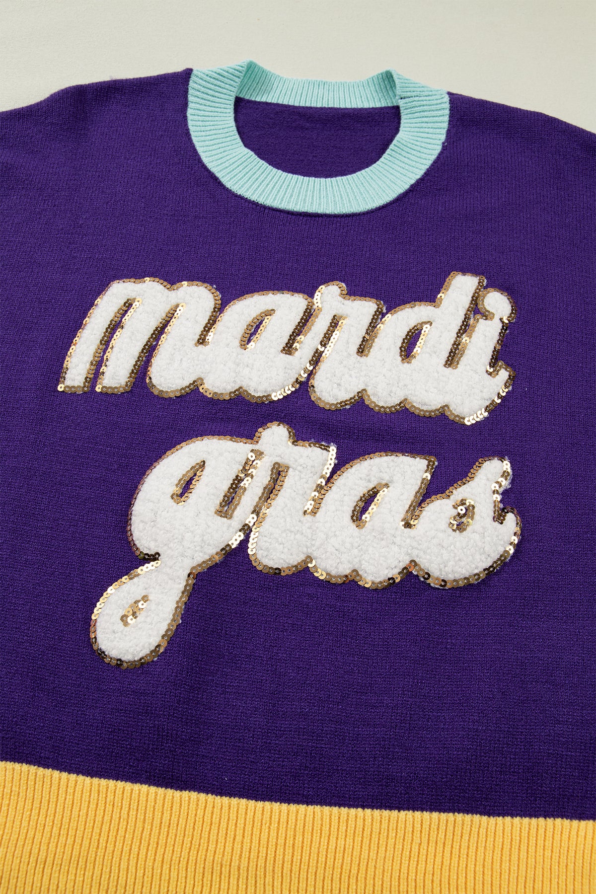 Colorblock Patchwork Fuzzy Mardi Gras Graphic Sweater - KaleaBoutique.com