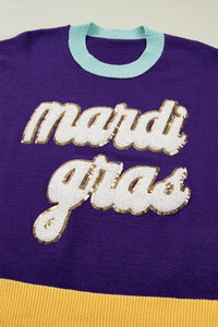 Colorblock Patchwork Fuzzy Mardi Gras Graphic Sweater - KaleaBoutique.com
