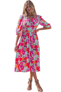 KaleaBoutique Stylish Vibrant Floral Print V Neck Zip Up Puffy Half Sleeve Dress - KaleaBoutique.com