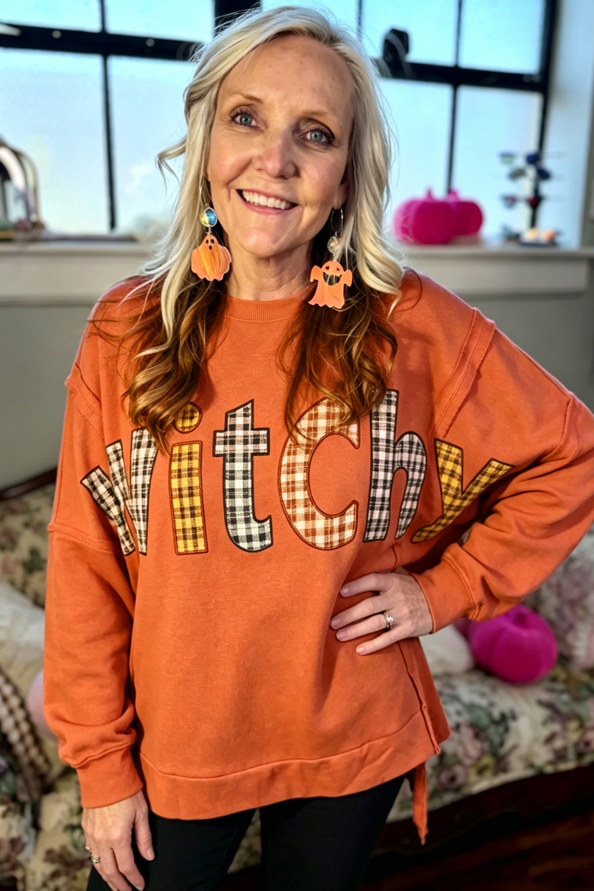 KaleaBoutique Comfortable Halloween Witchy Plaid Slogan Embroidered Patch Tunic Sweatshirt - KaleaBoutique.com