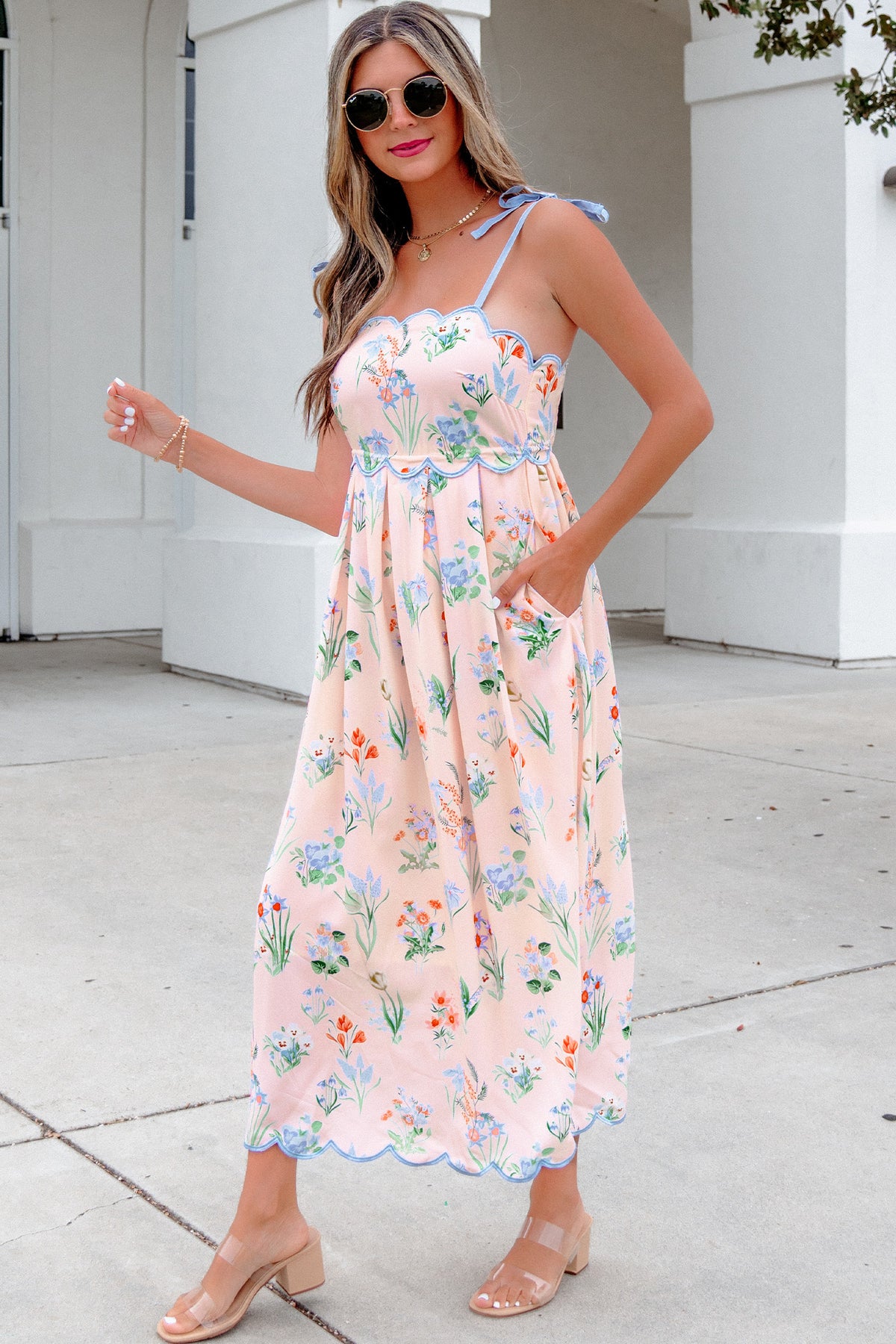 KaleaBoutique Stylish Floral Print Contrast Trim Self-tie Straps High Waist Midi Dress - KaleaBoutique.com