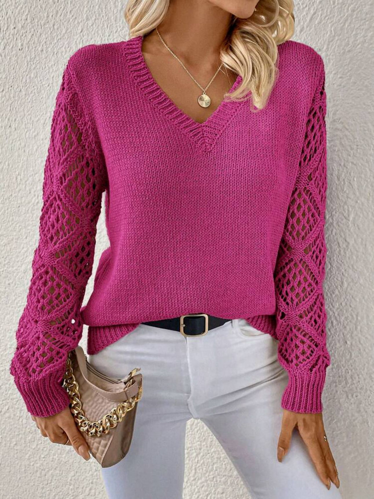 Women's V-Neck Openwork-Sleeve Pullover Sweater - KaleaBoutique.com