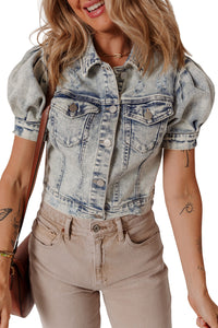 Light Wash Buttoned Chest Pocket Puff Sleeve Denim Jacket - KaleaBoutique.com