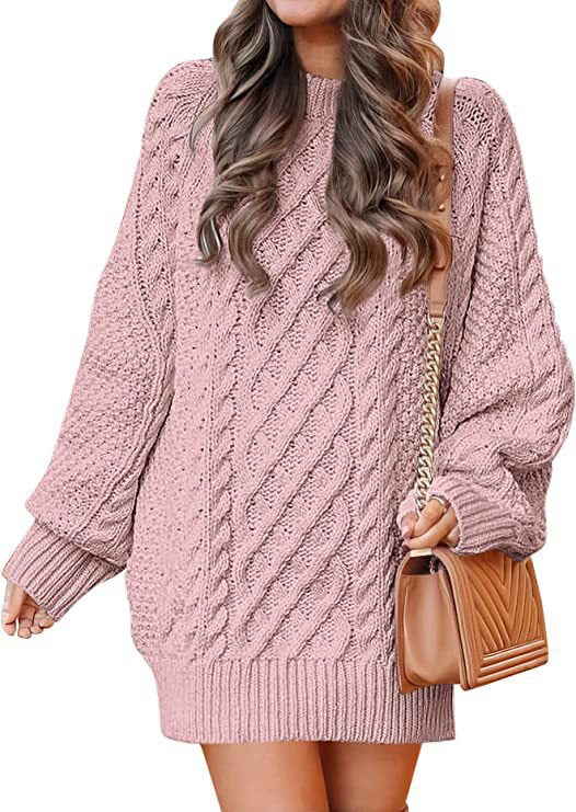 Women's Round-Neck Cable-Pattern Balloon-Sleeve Sweater Dress - KaleaBoutique.com