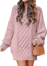 Women's Round-Neck Cable-Pattern Balloon-Sleeve Sweater Dress - KaleaBoutique.com