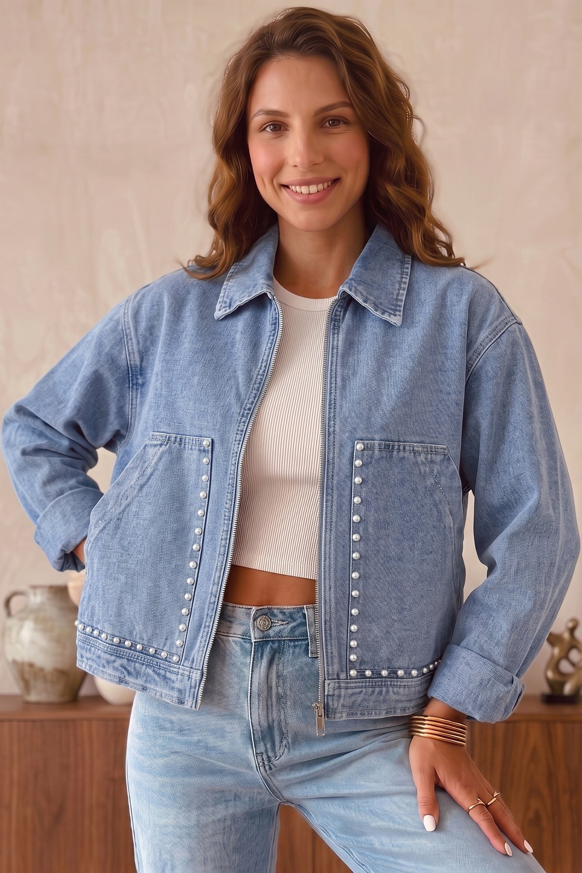 KaleaBoutique Stylish Studded Metal Zipper Rivet Pockets Long Sleeve Denim Jacket - KaleaBoutique.com