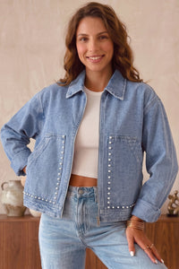 KaleaBoutique Stylish Studded Metal Zipper Rivet Pockets Long Sleeve Denim Jacket - KaleaBoutique.com