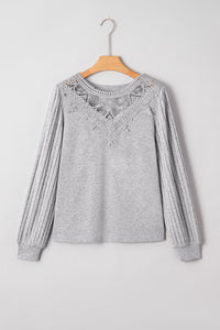 KaleaBoutique Stylish Hollowed Lace Ribbed Knit Long Sleeve Patchwork Top - KaleaBoutique.com