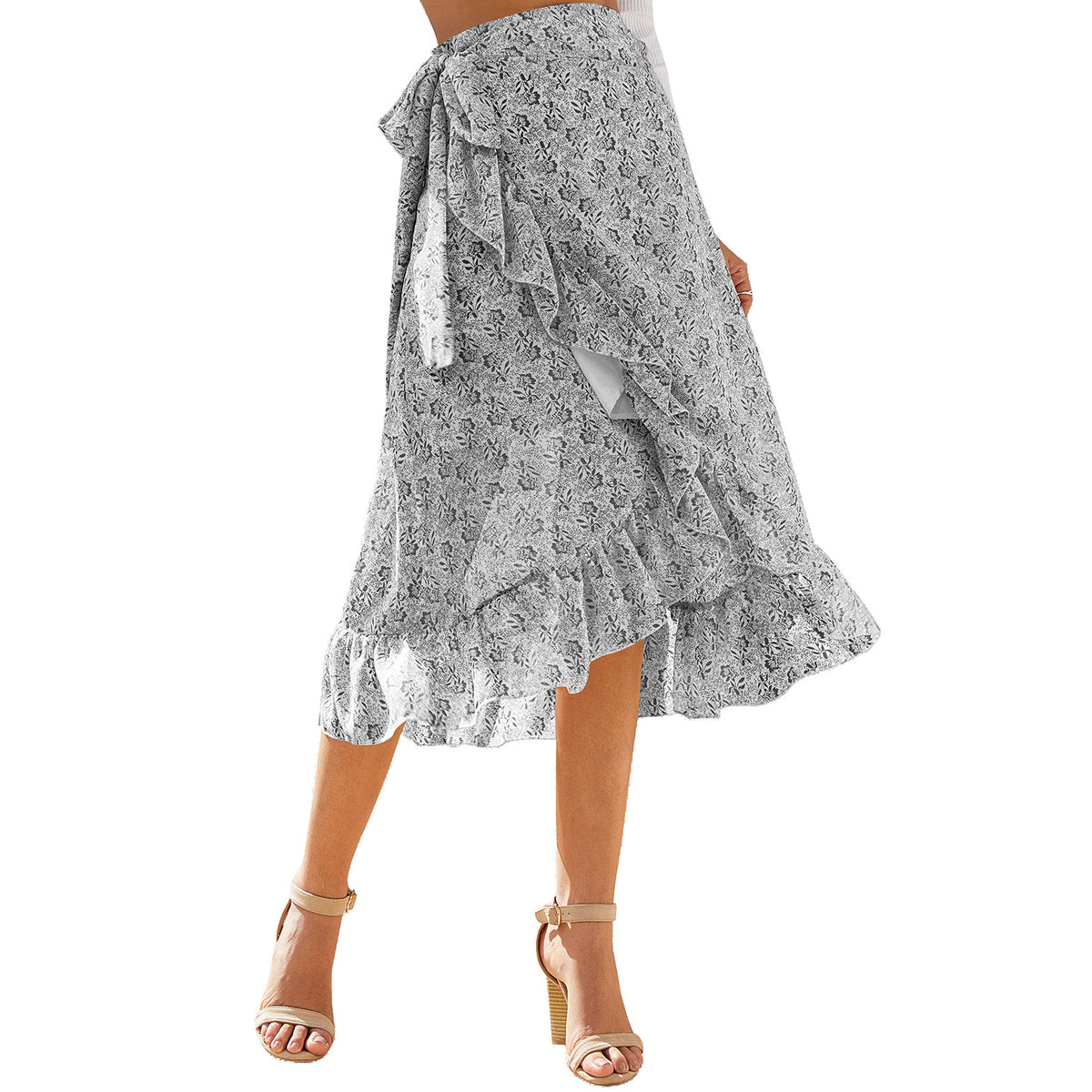 Woman Skirts High Waist Fashion Long Black Knotted Tied Wrap Floral Ruffle Chiffon A-Line Split Skirt Spring Summer Clothes - KaleaBoutique.com