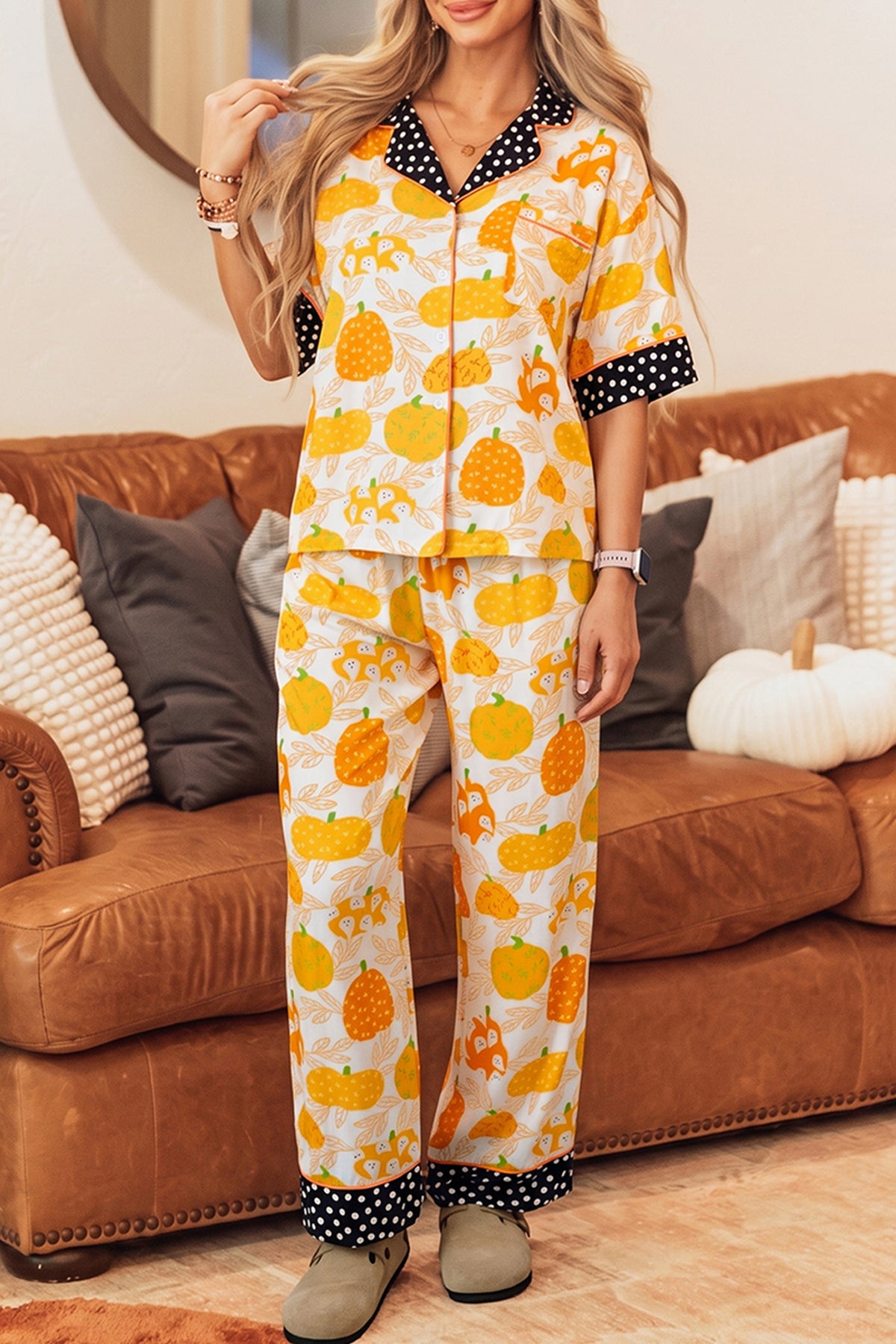 KaleaBoutique Stylish Short Sleeve Pumpkin Print Polka Dot Trim Pocket Pocket Placket Home Wear Lounge Set - KaleaBoutique.com