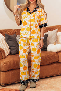 KaleaBoutique Stylish Short Sleeve Pumpkin Print Polka Dot Trim Pocket Pocket Placket Home Wear Lounge Set - KaleaBoutique.com