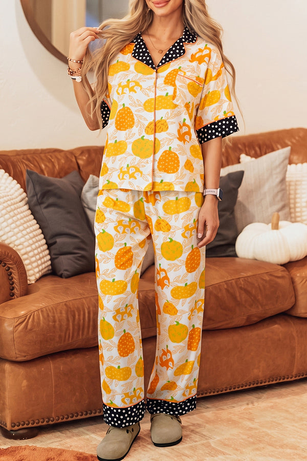 KaleaBoutique Stylish Short Sleeve Pumpkin Print Polka Dot Trim Pocket Pocket Placket Home Wear Lounge Set - KaleaBoutique.com