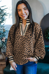 KaleaBoutique Stylish Leopard Print Striped Trim Collar Long Sleeve Shift Pullover - KaleaBoutique.com