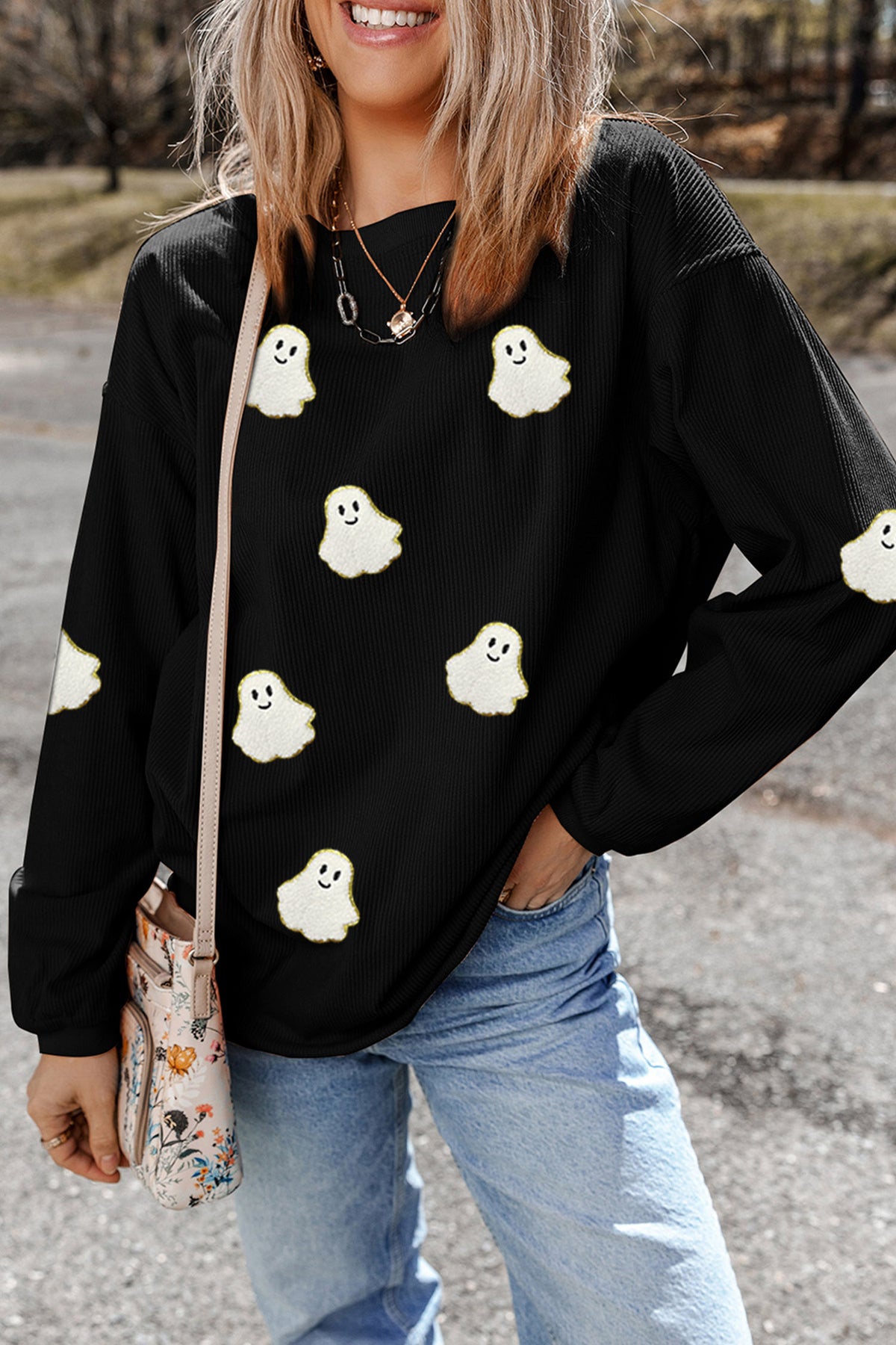 Black Oversized Ghost Halloween Corded Sweatshirt - KaleaBoutique.com