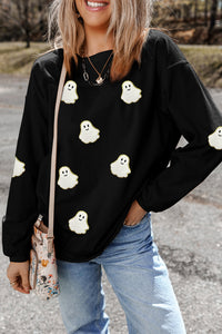 Black Oversized Ghost Halloween Corded Sweatshirt - KaleaBoutique.com