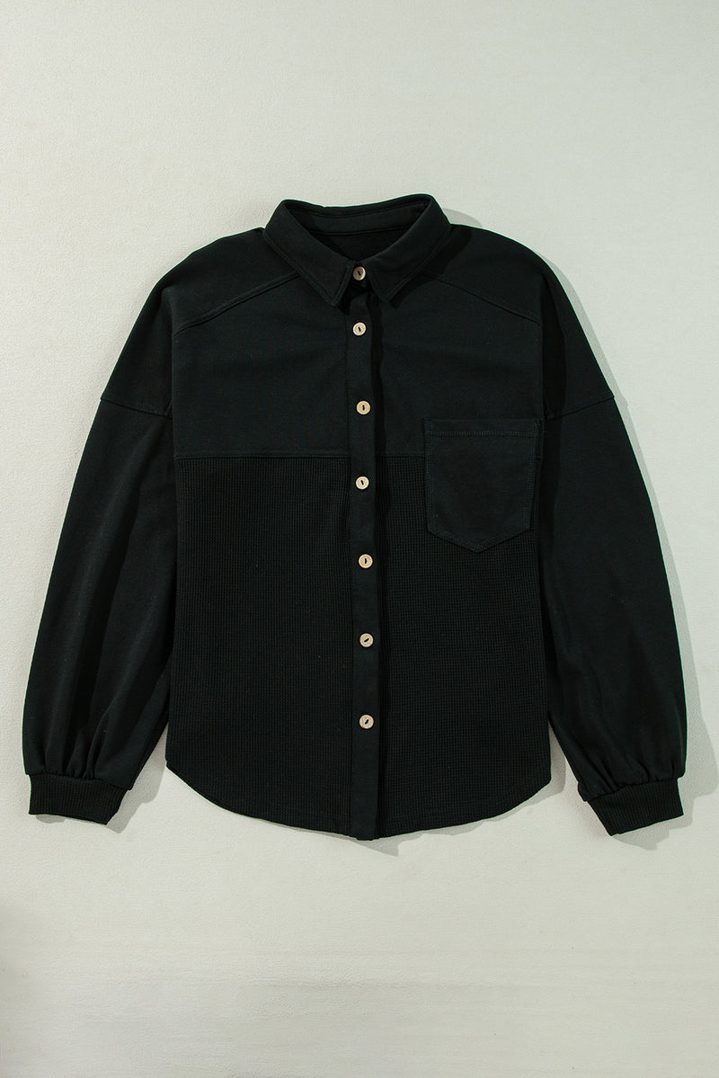 KaleaBoutique Waffle Knit Patchwork Buttoned Oversized Shacket - KaleaBoutique.com