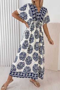 KaleaBoutique Comfortable Boho Floral Print Contrast Patchwork V Neck Dolman Maxi Dress - KaleaBoutique.com