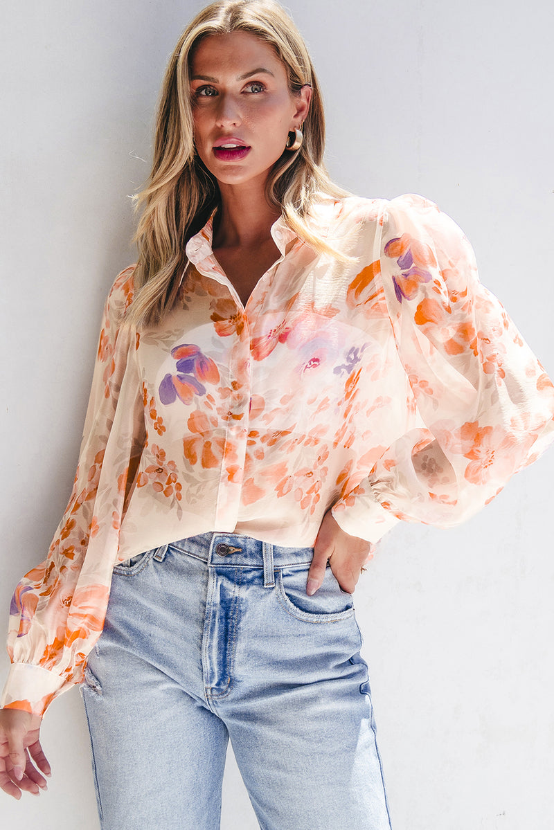 KaleaBoutique Floral Print Collared Balloon Sleeve Loose Shirt - KaleaBoutique.com