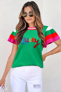 KaleaBoutique Stylish Shiny Lucky Striped Flutter Sleeve Round Neck Sweater - KaleaBoutique.com