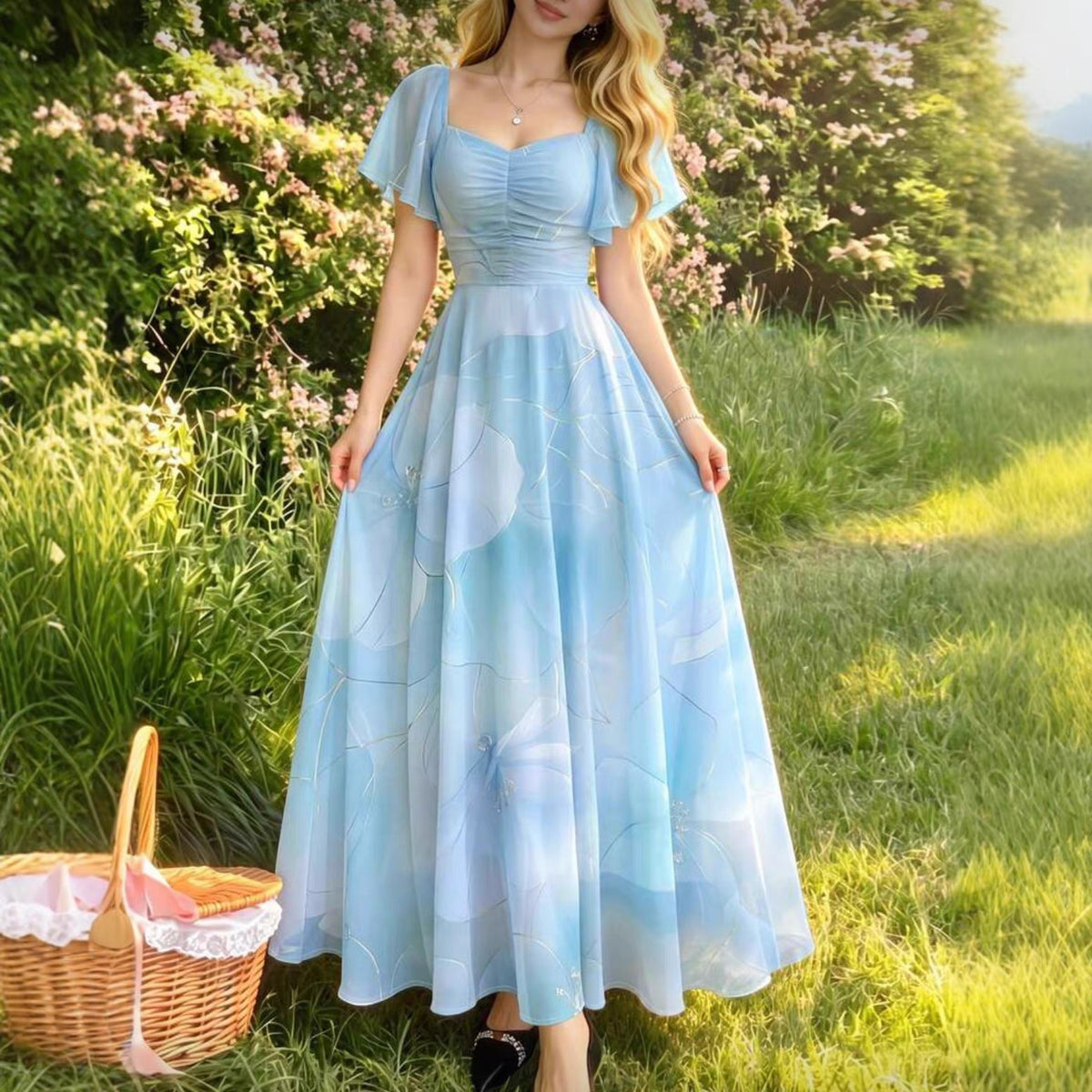 Women's Printed Flutter-Sleeve Ruched-Bodice Maxi Dress - KaleaBoutique.com