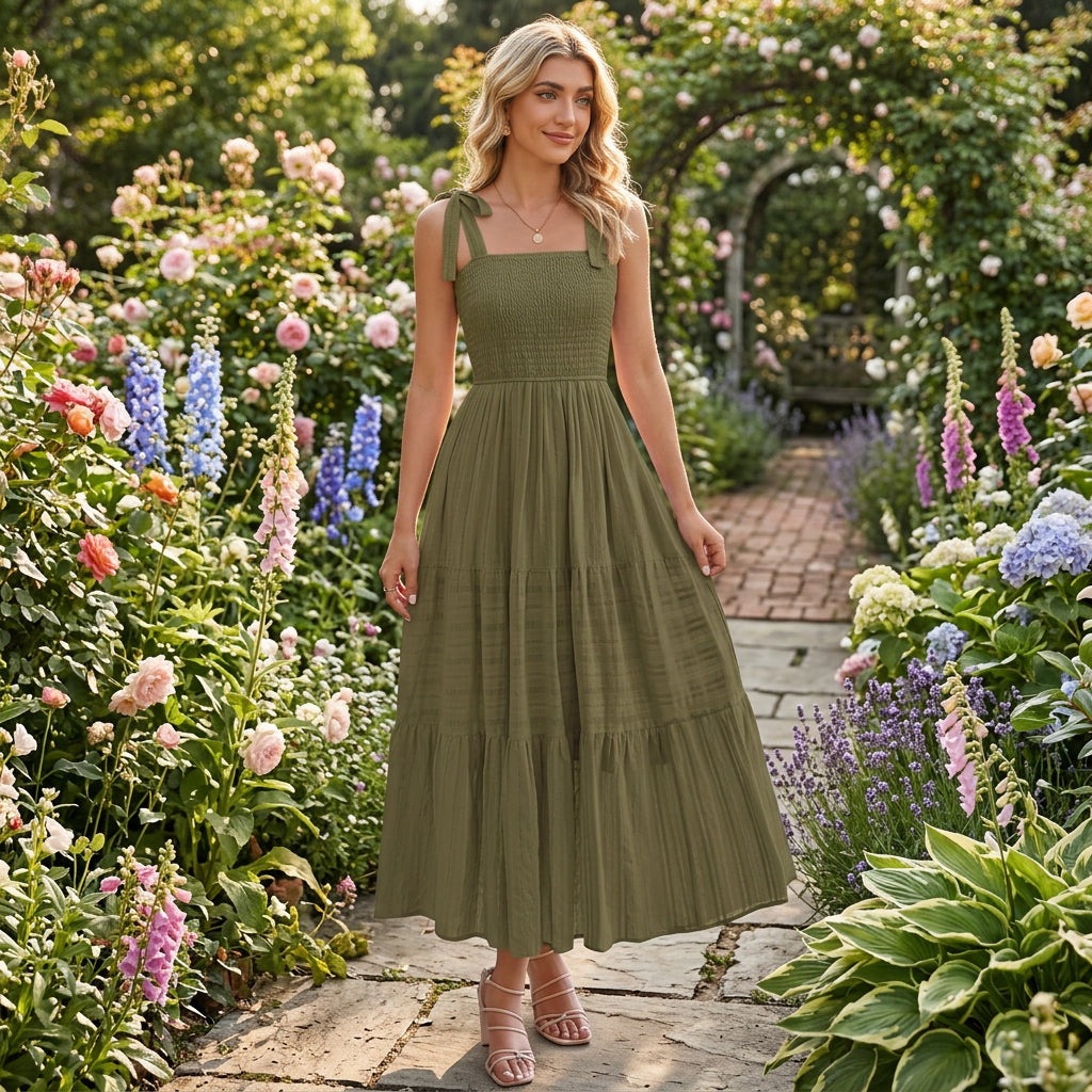 2026 Hot Summer Pleated A-Line Cami Long Dress With Pockets, Beach Vacation Style - KaleaBoutique.com